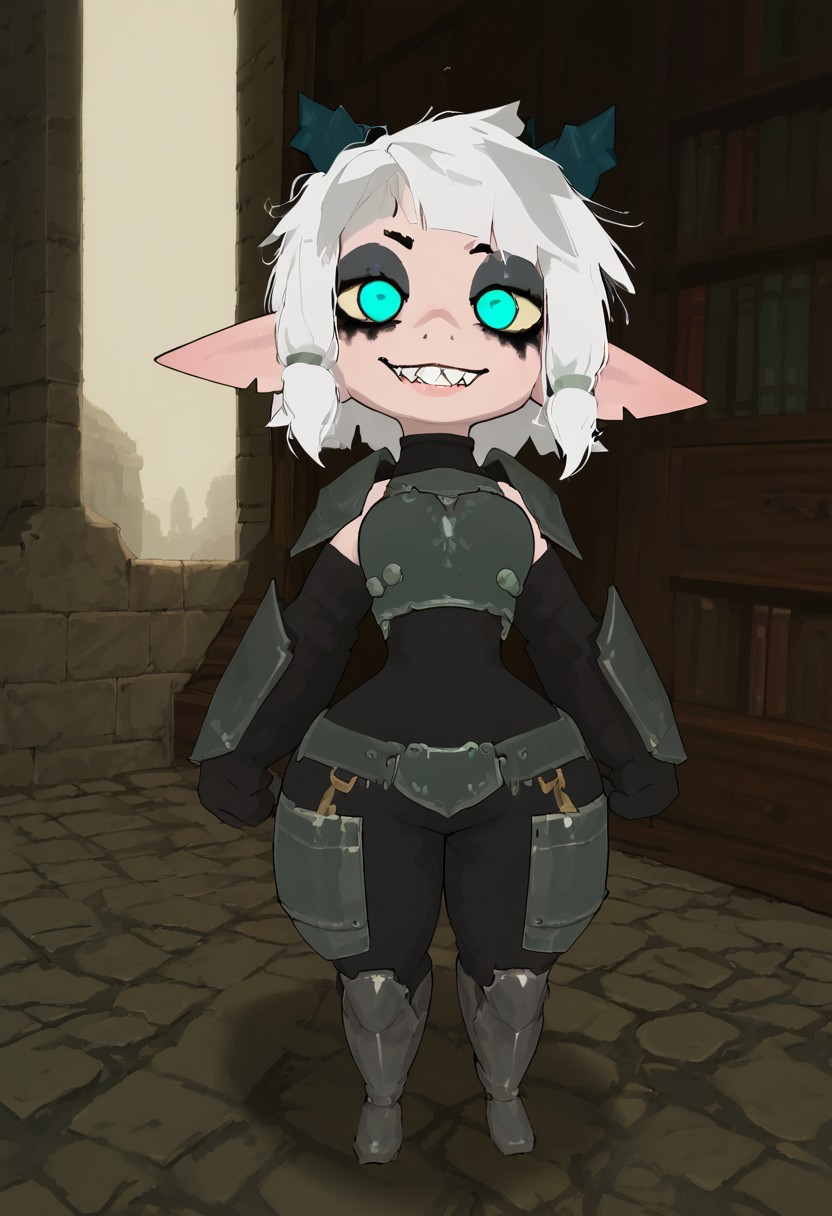 score_9,score_8_up,score_8,score_9,
(((vibrant dark colors, high contrast, expressiveh))),
((1boy, solo, original character, imp (atlyss), white hair, messy hair, horns, elf ears, white wide eyes, no pupils, black and white skin, pale white skin with black details, shark tail, mystic class,tooth smile, dark makeup, armor suit, flat chest, small breasts, small waist, small hips, thin thighs, mischeviousface)),
 Holding huge bell weapon, sexy posing, slapping ass (taunt),
looking at viewer, pov view, 
overflow,  sexy belly,
indoors, medivial dungeon background,