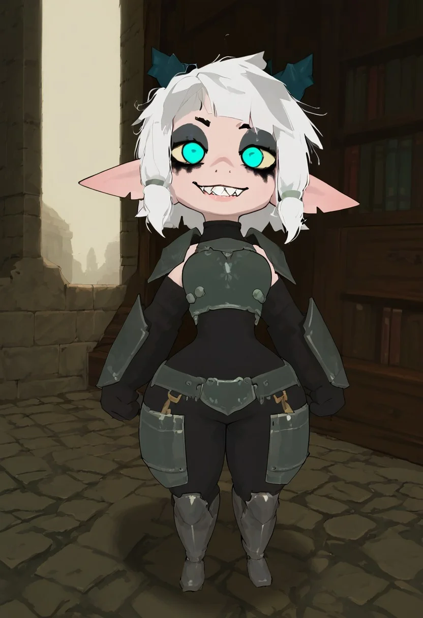 score_9,score_8_up,score_8,score_9,
(((vibrant dark colors, high contrast, expressiveh))),
((1boy, solo, original character, imp (atlyss), white hair, messy hair, horns, elf ears, white wide eyes, no pupils, black and white skin, pale white skin with black details, shark tail, mystic class,tooth smile, dark makeup, armor suit, flat chest, small breasts, small waist, small hips, thin thighs, mischeviousface)),
Holding huge bell weapon, sexy posing, slapping ass (taunt),
looking at viewer, pov view,
overflow, sexy belly,
indoors, medivial dungeon background,