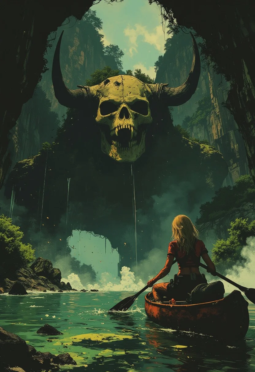 in the style of cksc, a female jungle explorer, blonde hair, paddling a canoe towards a cave mouth on a tropical lake, over which a huge humanoid skull with large canines sits to form the cave roof; the canines form the sides of the cave, misty, ethereal