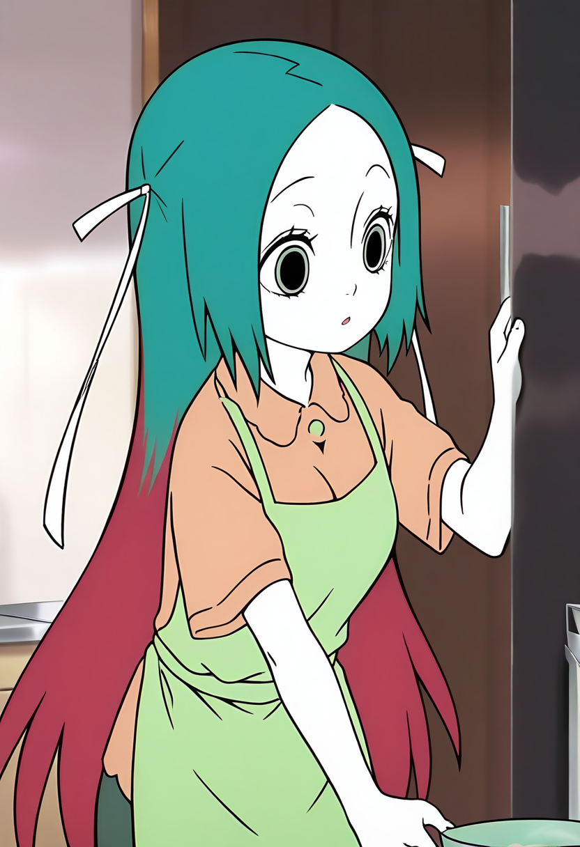 <lora:jingwei:1>,jingwei,1girl,solo,long hair,multicolored hair,red hair,green hair,hair ribbon,white ribbon,black_pulpil,white skin,
 green apron, shirt,, masterpiece,best quality,amazing quality,absurdres, anime screenshot,