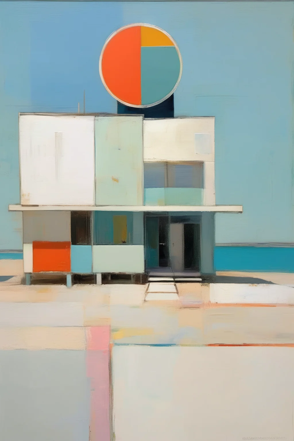 <lora:Raimonds Staprans Style:1>Raimonds Staprans Style - in the style of Richard Diebenkorn, using a Wayne Thiebaud color palette, create a simple minimalist dramatic composition of a southern California beachfront community painting