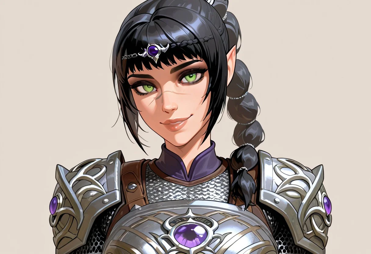 masterpiece,best quality,amazing quality, absurdres, <lora:shadowheart_bg3_ilxl_goofy:1> shadowheart \(baldur's gate\), 1girl, black hair, braid, breasts, elf, detailed eyes, green eyes, large breasts, detailed lips, glossy lips, long hair, looking at viewer, multi-tied hair, pointy ears,scar on face, simple background, smile, solo, body armor, shoulder pads, ,breastplate, chainmail,