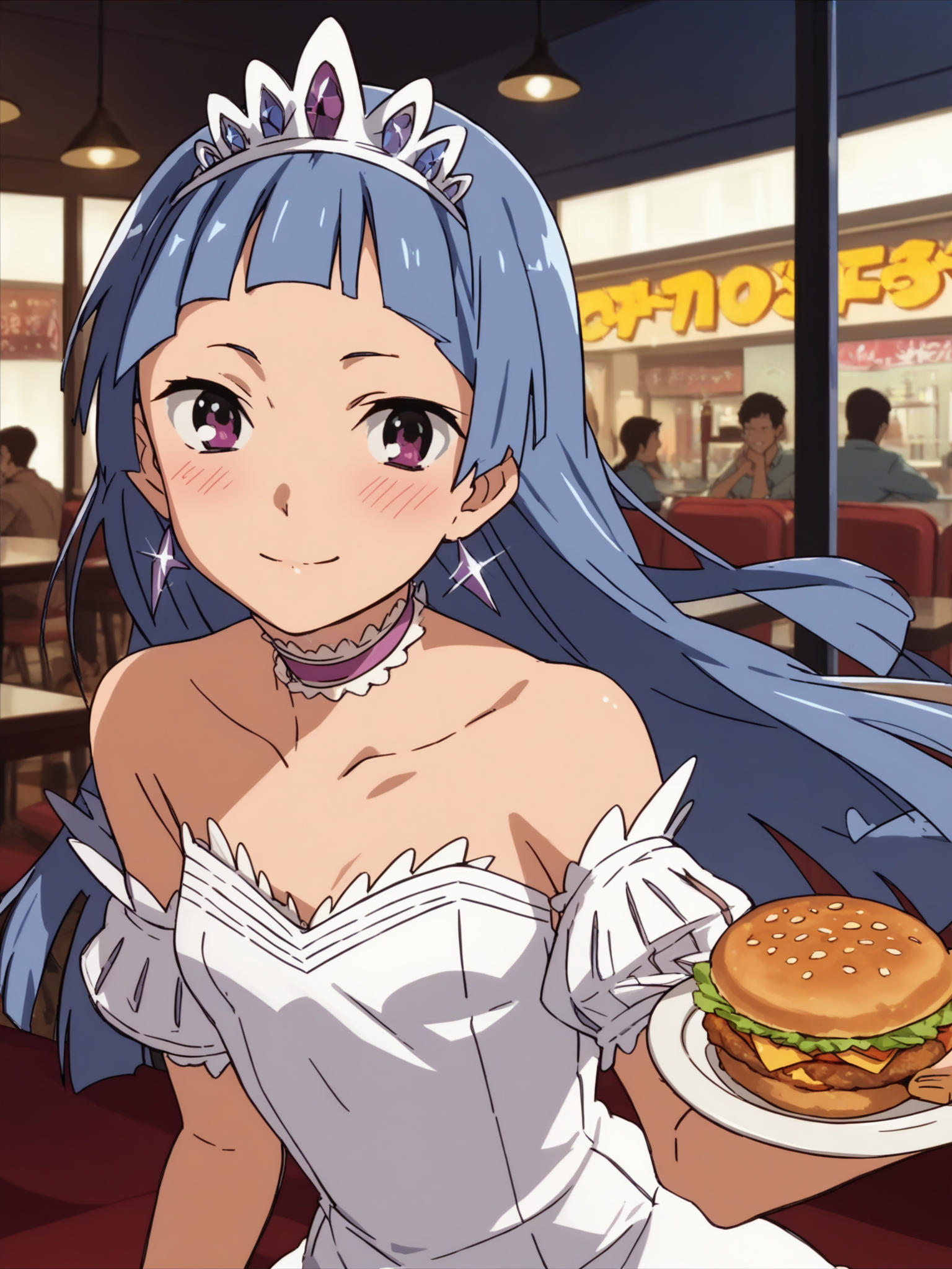 <lora:happy_tentacle-nagi-v0.1-000038:0.9>, ht_nagi, princess, white dress, tiara, choker, fast food, restaurant, blush, seductive smile, cowboy shot, facing viewer, looking at viewer, anime coloring, score_9, score_8_up, score_7_up, score_6_up, score_5_up, score_4_up,