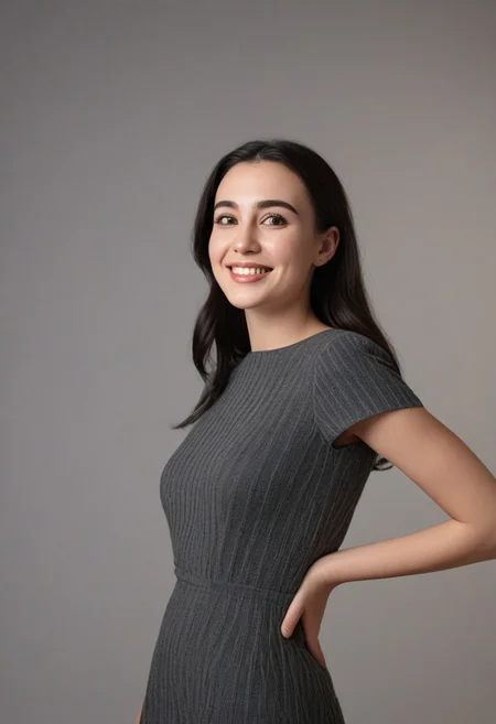 30yo american woman in a photostudio
Modeling High cut, high Quality Dress.
Slight makeup, heavy rimmel. Clear skin.  realistic skin style
Long dark black slick back hair. 
Shooting light, indors, cable light
Studio background.
Winking left eye. Smiling.
Bokeh. Heavy Bokeh light.
