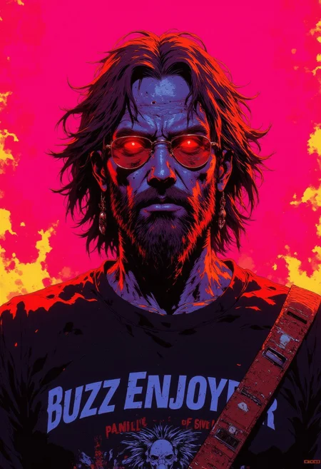 The image is an illustration featuring a rockstar dude with a pale skin tone and a big long beard. He has a medium short-length, wavy brown hairstyle , styled. He is wearing a black t-shirt that accentuates his don't-care attitude with the text "Buzz Enjoyer" in white. the lighting is dramatic and striking as he is backlit by magenta and yelliw gradient, a glowing red outline around his visage indicate his power.CAICO