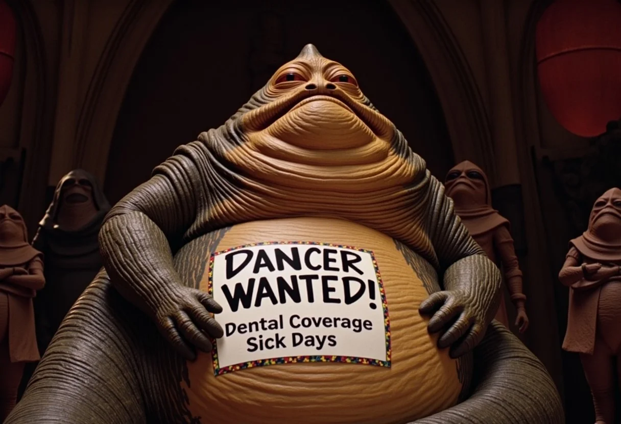 This realistic and cinematic film still is a shot of Jabba the Hutt lying on his dais in his shadowy and disreputable palace audience room. Assorted scum and bounty hunters of the sort Star Wars is known for congregate off to the sides. Jabba is holding a cheerful-looking placard in front of him with a floral border design, which reads, "Dancer Wanted!", in large letters and, "Dental Coverage, Sick Days", written below it in a smaller font.
