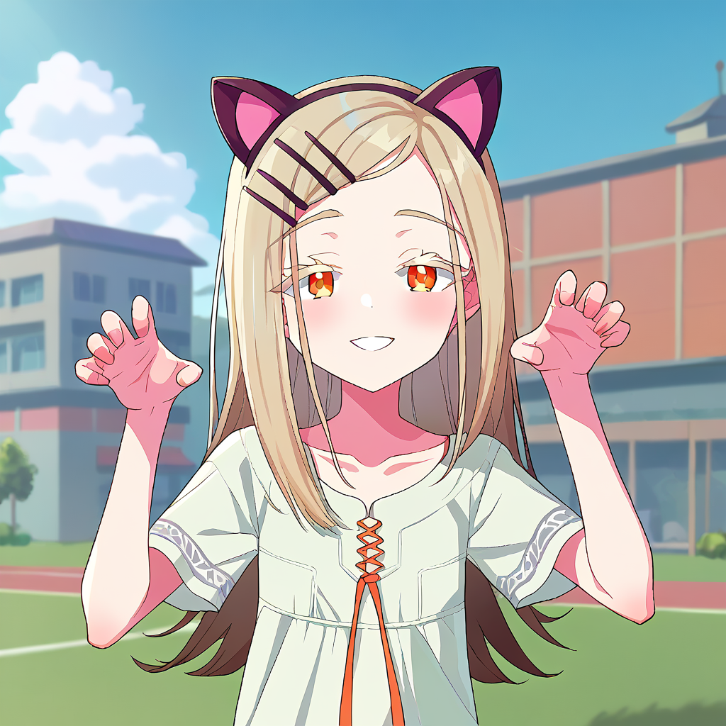 score_9, score_8_up, score_7_up,source anime,  BREAK, 1girl, shinosawa_hiro, light smile, clear sky, outdoors,  ribbon, fake animal ears, fake tail,  paw pose, 
 <lora:gakuen_idolmaster_pony_v2:1>