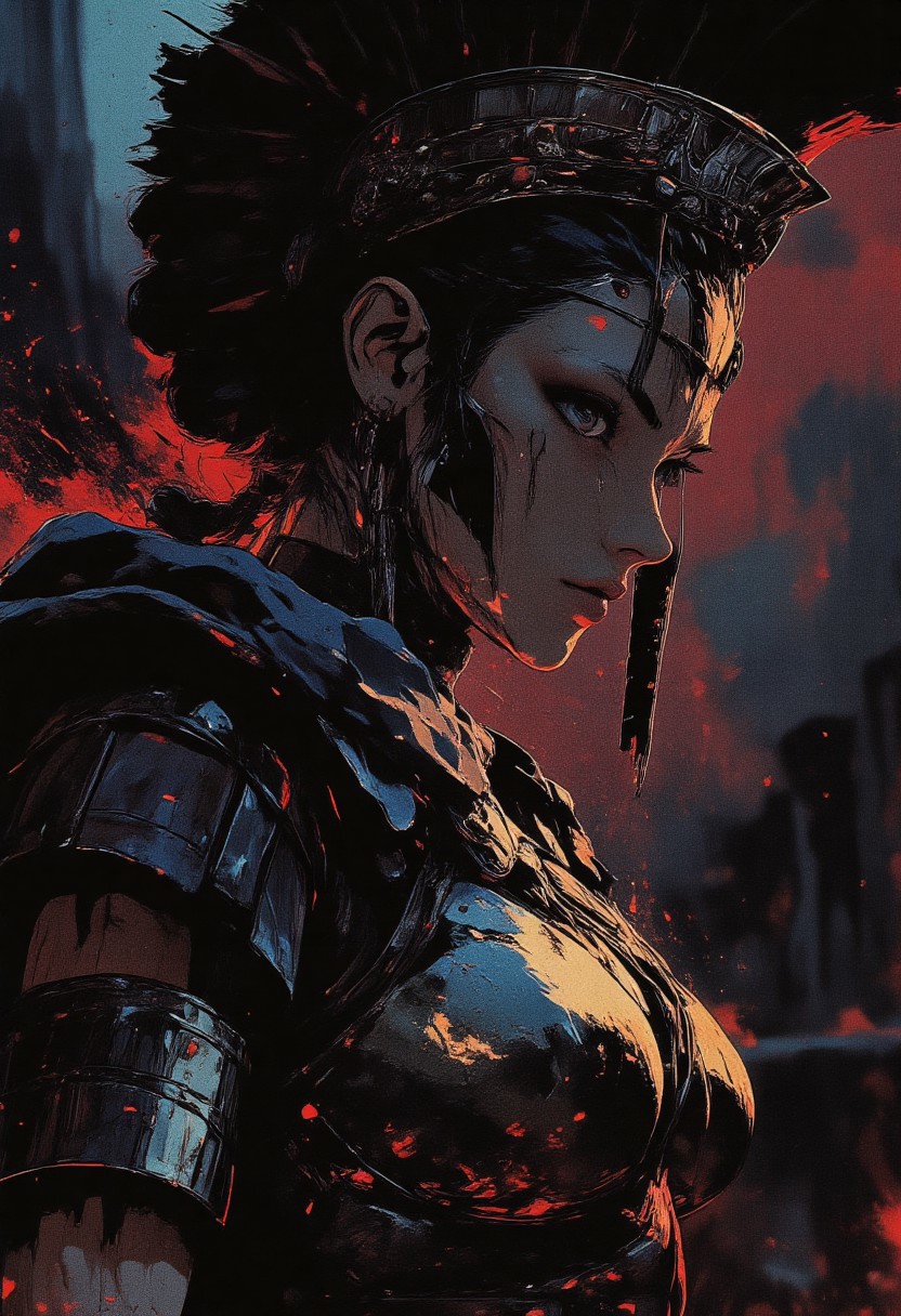 Female Roman soldier, Revenant, war paint, face paint, eye black, glowing eyes, in profile, toned arms, braided hair, battle damaged armor, large breasts, breast plate, dark and moody background, adds a dramatic tone, subtle lighting reflections, ray traced, foreshortening, particle effect, Holding a sword,