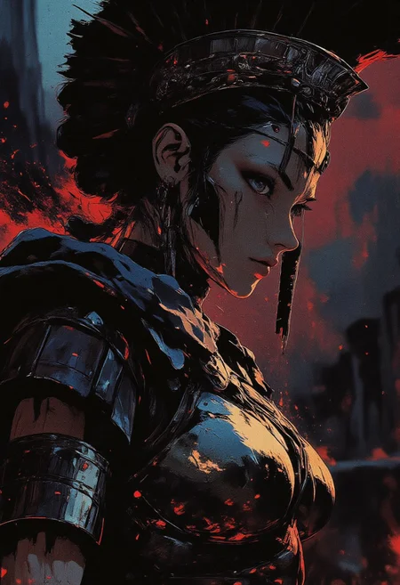 Female Roman soldier, Revenant, war paint, face paint, eye black, glowing eyes, in profile, toned arms, braided hair, battle damaged armor, large breasts, breast plate, dark and moody background, adds a dramatic tone, subtle lighting reflections, ray traced, foreshortening, particle effect, Holding a sword,