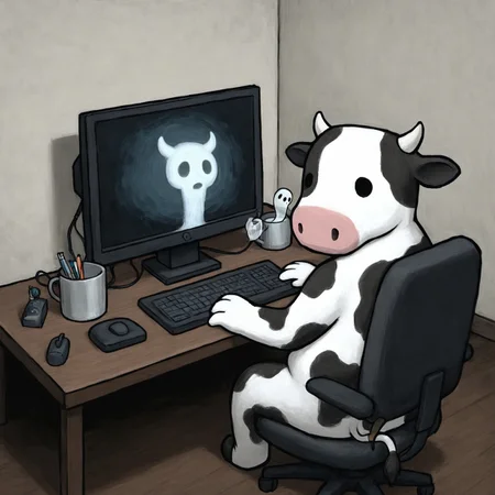 lukch, painting_\(medium\), solo, no humans, cow, sitting, at computer, looking back, computer monitor, giving up the ghost