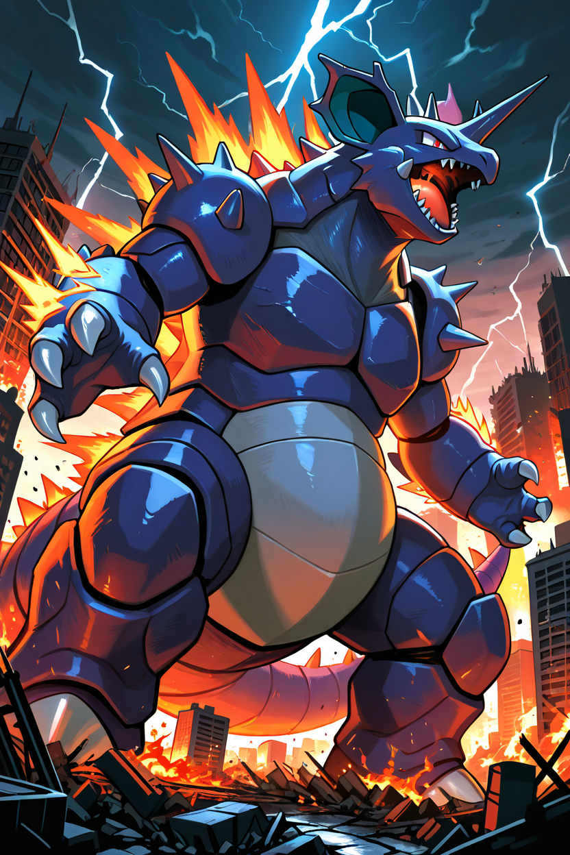 masterpiece, best quality,   Nidoking, solo, no humans, pokemon (creature), single horn, claws, <lora:NidokingPokedexIXL:0.7>,  godzilla fusion, giant monster, towering over city, glowing spiked tail, armored scales, glowing blue dorsal fins, powerful claws, roaring, destroyed buildings, smoke and fire, glowing red eyes, dramatic lighting, stormy sky, lightning bolts, cinematic destruction, massive size, intimidating presence