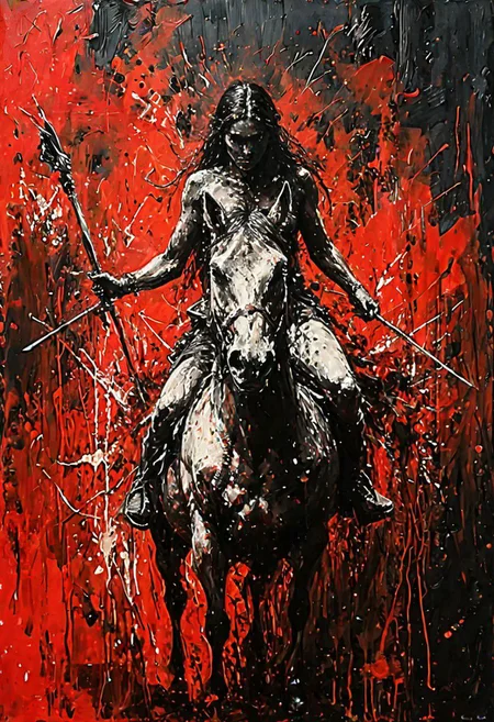 (Impressionism: 1.5), (abstract acrylic painting), red and black and white shades, (large strokes: 1.3), painting on canvas, filled with movement, (action packed), (barbarian nomad) riding a horse, (arriving: 1.5), holding a bow in the hand, (looking forward), macro photo, sparkling magical fantasy glass rose dewdrop, dragonfly on the rose, very detailed, amazing quality, intricate, cinematic light, highly detail, beautiful, surreal, dramatic, galaxy fantasy colors, (from above: 1.3), dinamic position, (much splashes of blood and dirt: 1.3) from under the hooves, realism, modern art, abstraction, absurdity, acrylic painting on canvas, (silhouette in strokes: 1.6)