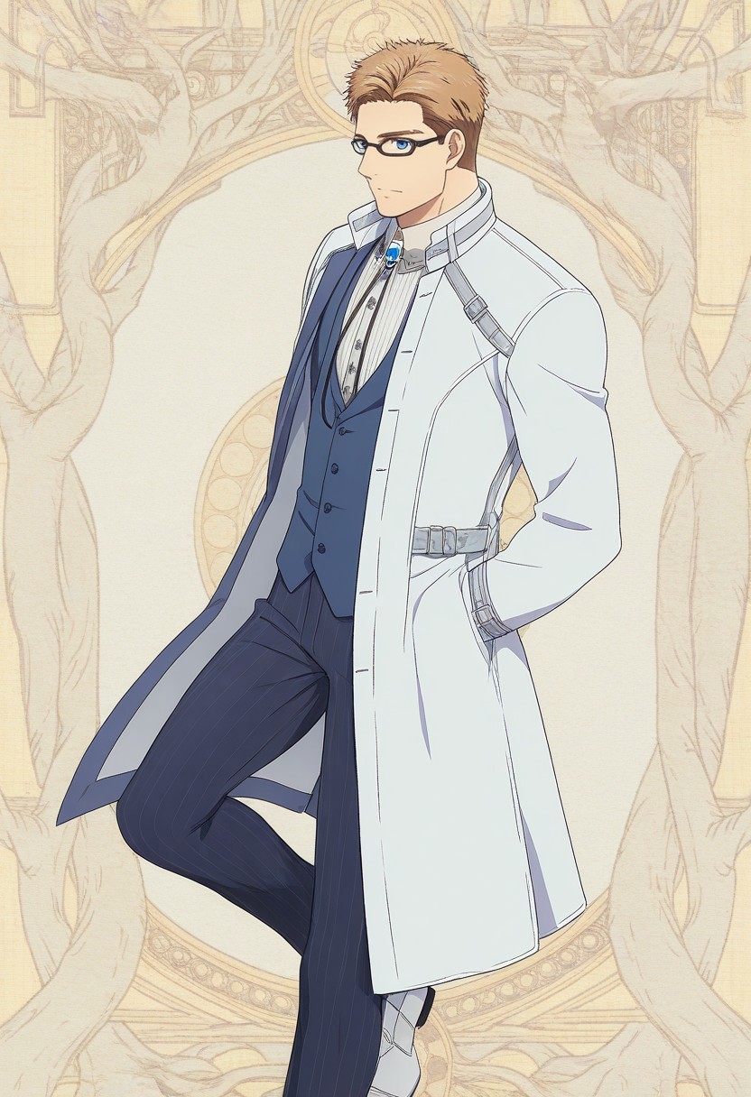 julius will kresnik, 1boy, blue eyes, black glasses, very short brown hair, white coat, blue vest, white shirt, pinstripes, dark blue pants, white shoes, bolo tie, solo,