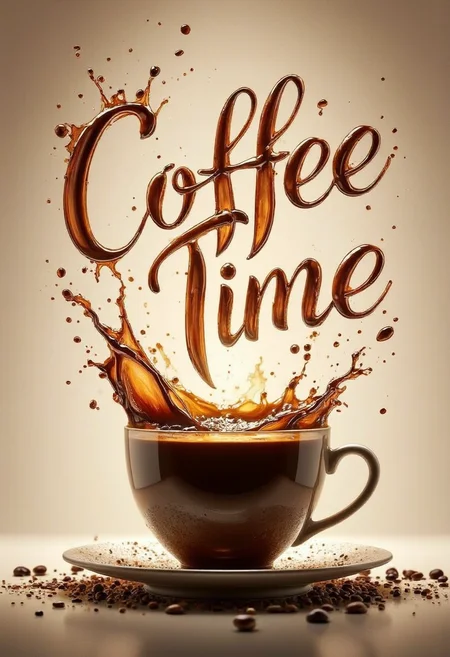 A yfg-c0ff text with splashed coffee written as "Coffee Time" in the air above a cup of coffee, romantic, dynamic dramatic atmosphere, intricate, elegant, highly detailed, professional composition, sharp focus, beautiful, mystical, iconic, fine light, deep colors, ambient background, epic cinematic, pristine, enhanced, best, creative, positive, joyful, unique, pure