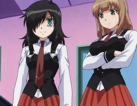 detailed background,best quality, (anime screencap) masterpiece,
2girls standing side by side in a class room,
<lora:bb_uniform_ilxl_v1:1> BB_Uniform, school uniform, black vest, white shirt, sleeve cuffs, red necktie, pleated skirt, red skirt, black thighhighs,
BREAK;
<lora:Tomoko_Kuroki:0.8> Tomoko, bags under eyes, black hair, green eyes, long hair, hair over one eye, evil expression, evil smile, flat chest, mouth open,
BREAK;
<lora:Yū_Naruse_WataMote_No_Matter_How_I_Look_At_It_Its_You_Guys_Fault_Im_Not_Popular:0.8> Yu Naruse, brown eyes, brown hair, large breasts, nervous expression, glancing, arms crossed