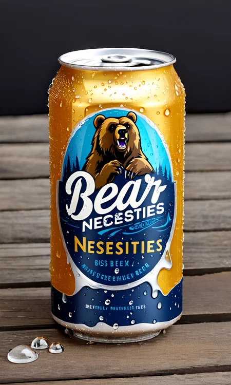 <lora:bevlabsdxl:0.9>,a beer can with bear,  text "Beer necessities", bevlabsdxl,  best quality, masterpiece, water droplets, logo, fancy beer,
