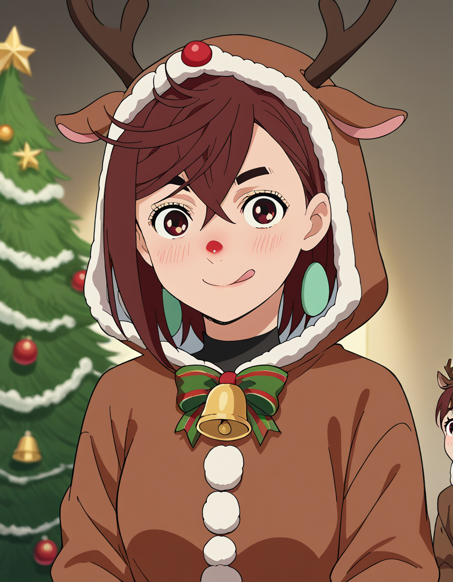score_9, score_8_up, score_7_up, source_anime, <lora:momo-ayase-s1-ponyxl-lora-nochekaiser:1>, momo ayase, short hair, brown hair, brown eyes, bangs, thick eyebrows, medium breasts, anime screencap,, <lora:reindeer-costume-ponyxl-lora-nochekaiser:1>, reindeer costume, animal costume, reindeer antlers, antlers, fake antlers, reindeer hood, christmas, red nose, deer ears, deer tail, christmas tree, bell, horns, reindeer,, blush, smile, tongue out, looking at viewer,, , dutch angle, cowboy shot