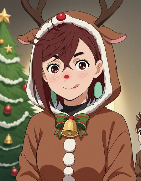 score_9, score_8_up, score_7_up, source_anime, <lora:momo-ayase-s1-ponyxl-lora-nochekaiser:1>, momo ayase, short hair, brown hair, brown eyes, bangs, thick eyebrows, medium breasts, anime screencap,, <lora:reindeer-costume-ponyxl-lora-nochekaiser:1>, reindeer costume, animal costume, reindeer antlers, antlers, fake antlers, reindeer hood, christmas, red nose, deer ears, deer tail, christmas tree, bell, horns, reindeer,, blush, smile, tongue out, looking at viewer,, , dutch angle, cowboy shot