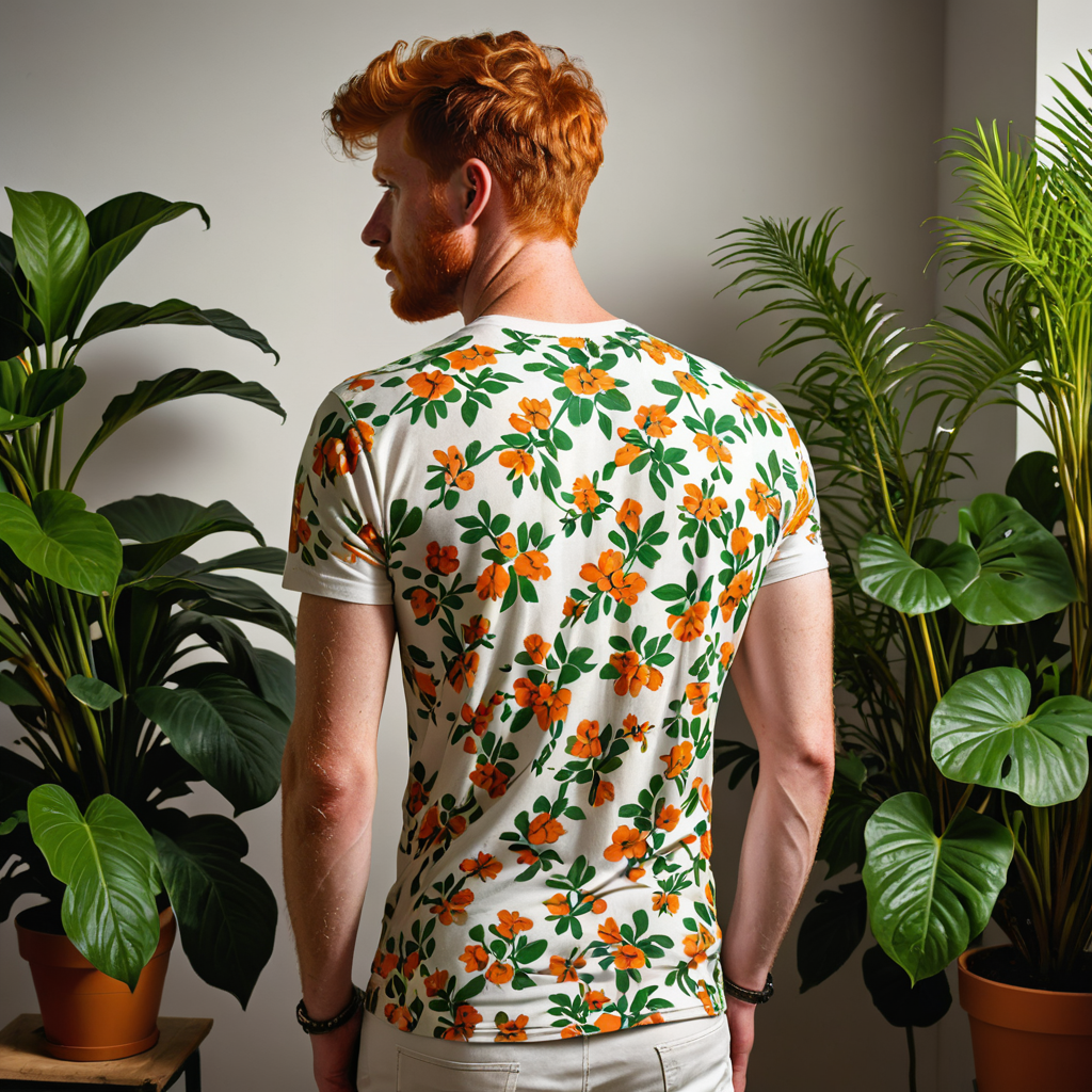 Raw photo, high saturation, full body shot of a juicy Irish twunk looking over his shoulder, (bare ass), from behind, boy next door, floral patterned white skinny t-shirt, cheeky, ginger body hair, very short ginger hair, potted plant, (vice den background), (silhouette), (shadows), skin imperfections,