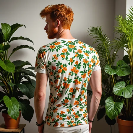 Raw photo, high saturation, full body shot of a juicy Irish twunk looking over his shoulder, (bare ass), from behind, boy next door, floral patterned white skinny t-shirt, cheeky, ginger body hair, very short ginger hair, potted plant, (vice den background), (silhouette), (shadows), skin imperfections,