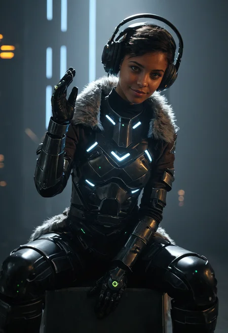 youngwoman, <lora:kwFemaleBeta63_FLUX_v1:1>,
hangar, factory, neon, size difference, spotlight, dark theme, portrait, close-up, in palm, mecha, humanoid, armor, science-fiction, portrait, glowing eyes, knight, facing viewer, visor, front view, foreshortening, hand up, face focus, gauntlets, solo, minigirl, sitting, bodysuit, chest harness, overskirt, full body, brown skin, short hair, single earring, dark-skinned female, looking at viewer, pants, knee boots, smirk, gloves, brown jacket, fur-trimmed jacket, headphones, hand between legs, smirk, black hair, <lora:Dark_Futuristic_Circuit_Boards:1>, dark futuristic