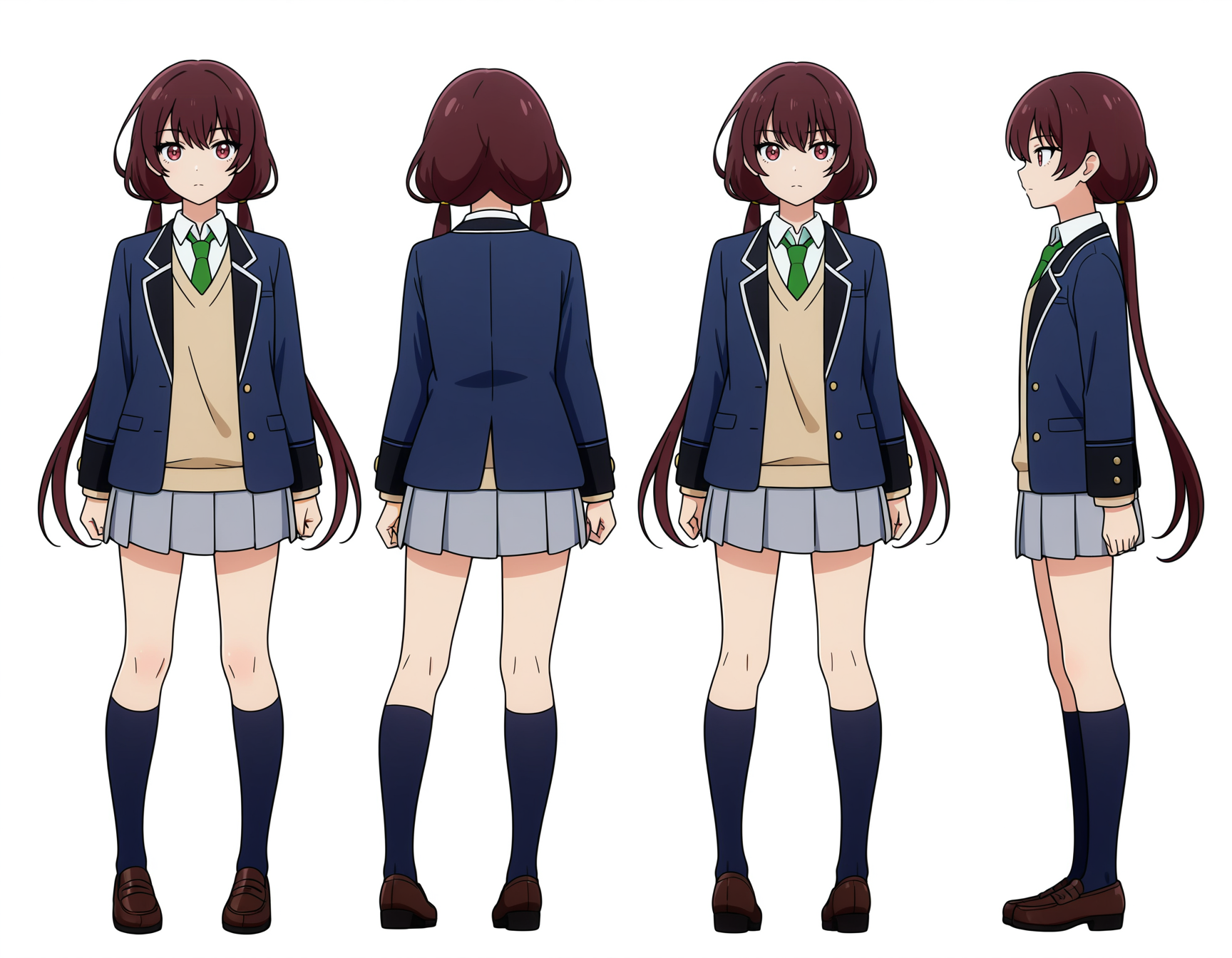 masterpiece, best quality, amazing quality, highres, absurdres, very aesthetic, high resolution, ultra detailed, perfect details,anime coloring, simple background,white background,
(model sheet),
<lora:ILL_oumemai_lion_e7:1> oumewtsu, long hair,very long hair, bangs, skirt, brown hair, shirt, red eyes, long sleeves, twintails, school uniform, standing, jacket, pleated skirt, white shirt, necktie, low twintails, sweater, blazer, collared shirt, shoes, blue jacket, socks, grey skirt, green necktie, open clothes, kneehighs, loafers, open jacket, brown footwear, miniskirt,  v-neck, navy_blue_socks,