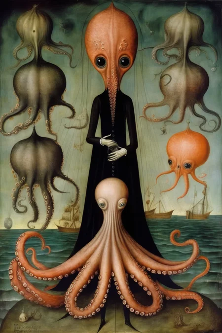 <lora:Leonora Carrington Style:1>Leonora Carrington Style - octopus with 7 sins represetatives in his arms in surrealist style of leonora carrington and remedios varos