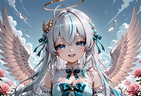 lazypos, girl focus, 1girl, virtual youtuber, blue hair, blue eyes, multicolored hair, long hair, blush, wings, hair ornament, open mouth, dress, looking at viewer, ahoge, bow, smile, puffy detached sleeves, solo, wing hair ornament, white wings, hair bow, flower, detached sleeves, medium bangs, angel wings, braid, sky, streaked hair, feathers, frills, ribbon, white feathers, feathered wings, >_<, rose, upper body, blue bow, blue dress, short sleeves, two-tone hair, puffy sleeves, puffy short sleeves, hair ribbon, sparkle, breasts, blush stickers, :d, nonoknowb