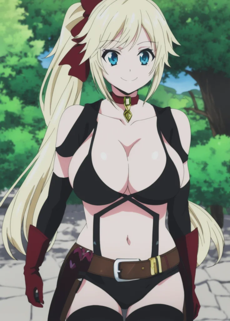 <lora:Yuna_Yunis:1> Yuna_Yunis, 1girl, breasts, solo, blue eyes, blonde hair, large breasts, smile, long hair, cleavage, looking at viewer, hair bow, bow, belt, outdoors, tree, twintails,  cleavage, black choker, collarbone, sexy black monokini, navel, black thighhighs, black elbow gloves,