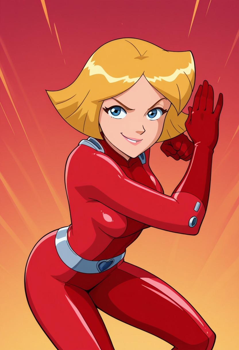 masterpiece, best quality, good quality, 1girl, solo, cartoon, parody, official style, cl0ver_totally_spies, short hair, blonde hair, blue eyes, red bodysuit, sexy, large breasts, beautiful, detailed, high detailed, very beautiful, detailed face, detailed eyes, detailed hand, abstract background, smile, smirk, posing, pose, (fighting stance), looking at viewer, face focus