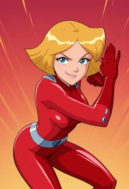 masterpiece, best quality, good quality, 1girl, solo, cartoon, parody, official style, cl0ver_totally_spies, short hair, blonde hair, blue eyes, red bodysuit, sexy, large breasts, beautiful, detailed, high detailed, very beautiful, detailed face, detailed eyes, detailed hand, abstract background, smile, smirk, posing, pose, (fighting stance), looking at viewer, face focus