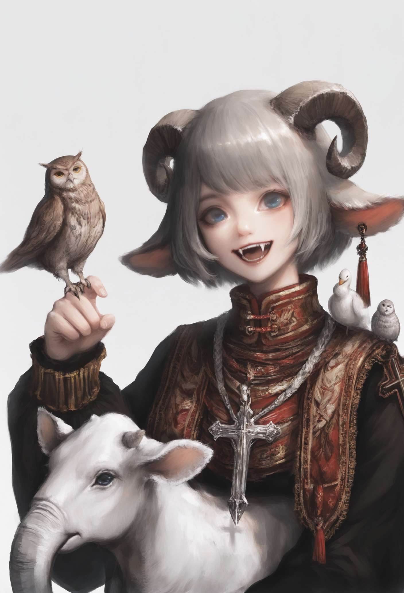 1girl, 
bird, solo, cow, looking at viewer, open mouth, goat, animal, smile, snake, rabbit, blue eyes, horns, cross, deer, sheep, long sleeves, grey hair, short hair, fangs, elephant, upper body, goose, bull, jewelry, goat girl, sheep horns, animal ears, :d, tassel, goat ear, bird on hand, simple background, cross necklace, necklace, white background, owl,
.
masterpiece, best quality, very aesthetic, absurdres
 <lora:akafornoob:0.95>