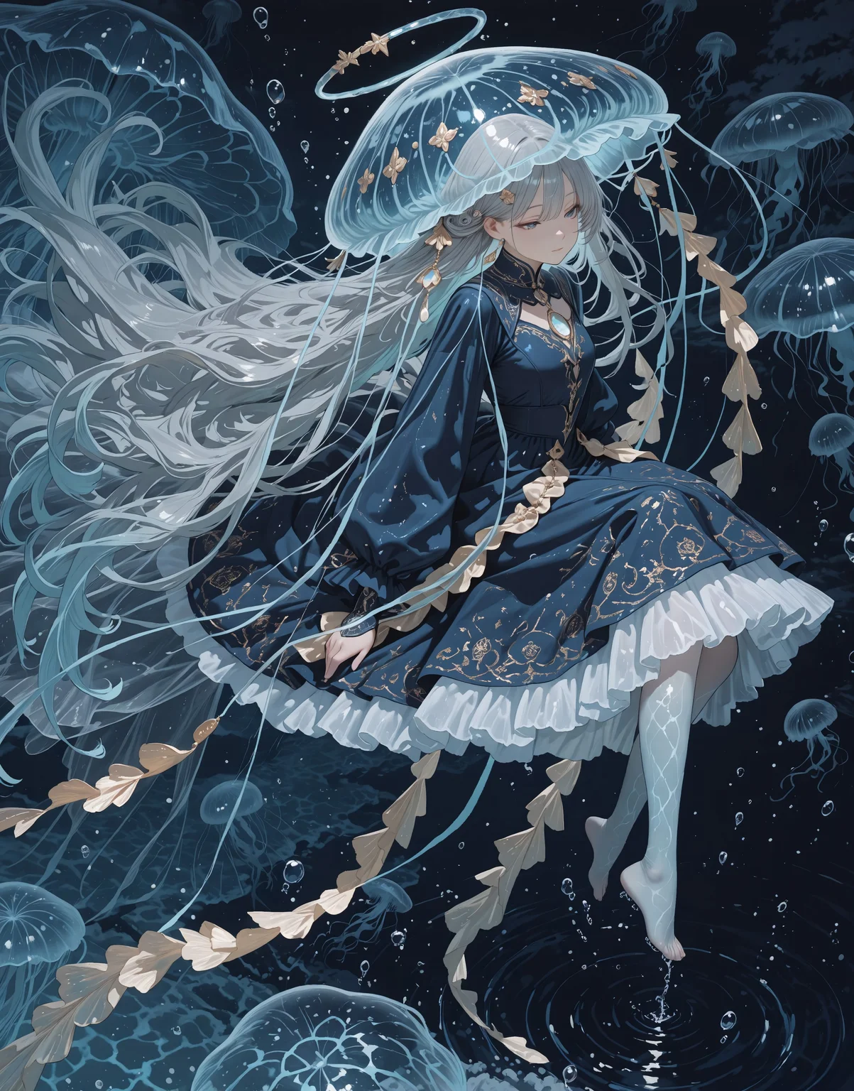 Recipe!!!
Text-to-image prompt without trendcraft:
lazypos, 1girl, solo, floating pose, underwater, long silver hair, jellyfish hat, jellyfish, frilly dress, intricate embroidery, elegant outfit, blue gold color scheme, ornate design, calm expression, surrounded by glowing jellyfish, underwater lighting, water bubbles, detailed background, fantasy ocean scene, magical atmosphere, luminous water, soft reflections, ultra-detailed, masterpiece, best quality, 4k illustration
Hi-res prompt with trendcraft:
masterpiece, best quality, very aesthetic, absurdres, stylized, newest, depth of field, HDR, high contrast, sharp focus, 8k resolution, digital art, anime style, vibrant colors, photorealistic, smooth gradients, fantasy art style, cinematic lighting, mystical aura, art nouveau inspired, (soft lighting:1.2), (lighting from above:1.2), (scenery), (detailed background design), Anime girl, 1girl, solo, Watercolor style, digital painting, underwater scene, (ethnicity:1.2), (detailed clothing:1.2), (accessories:1.1), (pose:1.2), (body type:1.1), (facial features:1.3), (expression:1.2), (detailed skin texture:1.2) with long flowing light gray hair, resembling a jellyfish, jellyfish-like form (halo:1.2), floating gracefully in deep blue water, light bluish-white translucent jellyfish form surrounding her head, gold-toned decorations flowing through the water around her, long flowing, dark blue dress, center of the image, facing the viewer, calm and serene expression, low perspective, deep blues and light grayish-whites as dominant colors, soft lighting, stylized composition, intricate details, detailed textures, (hair detail:1.3), (dress detail:1.2), fantasy-like style, calm atmosphere, photorealistic style.
