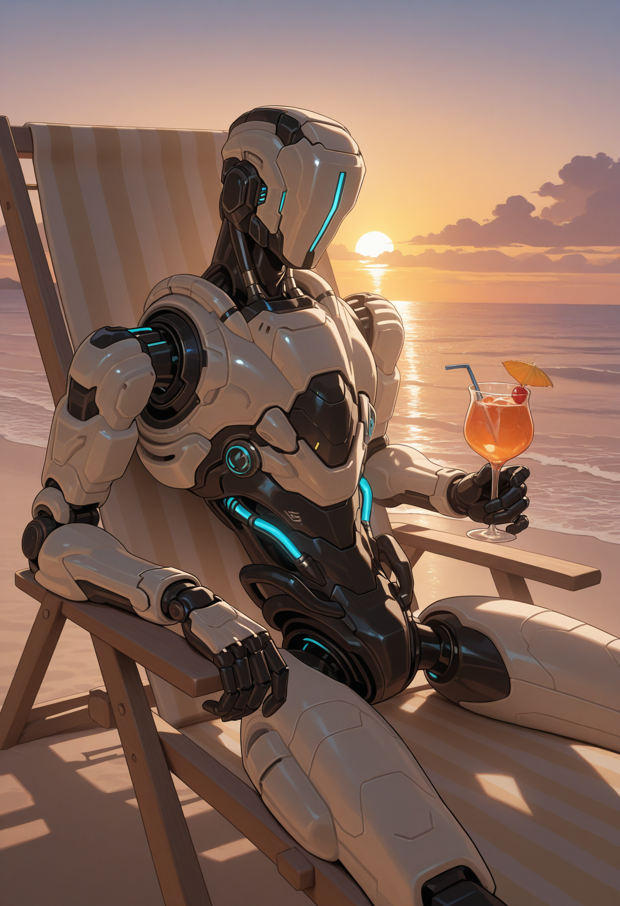 solo, 1boy, male focus, s4mu3lh4yd3n, no eyes, robot, glowing, holding cocktail, outside, beach, sunset, relaxing, deck chair,
perfect anatomy, masterpiece, perfect quality, best quality, detailed, newest, very aesthetic <lora:SamuelHayden_DOOM_V1_ILXL:0.8500000000000002>