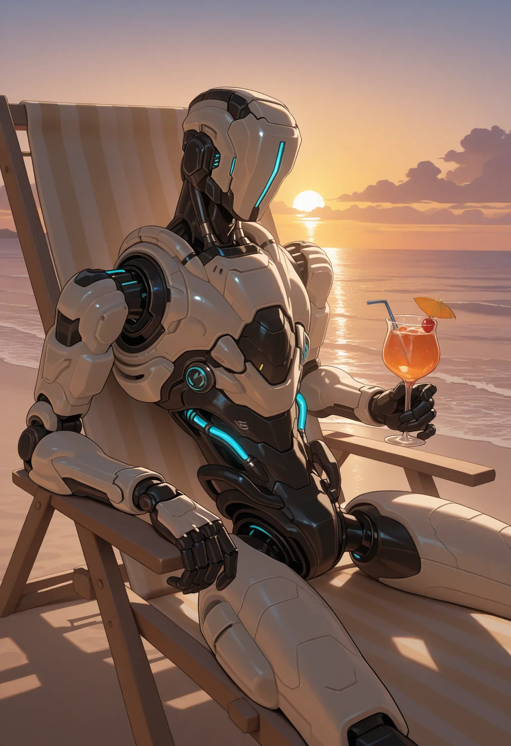solo, 1boy, male focus, s4mu3lh4yd3n, no eyes, robot, glowing, holding cocktail, outside, beach, sunset, relaxing, deck chair,
perfect anatomy, masterpiece, perfect quality, best quality, detailed, newest, very aesthetic <lora:SamuelHayden_DOOM_V1_ILXL:0.8500000000000002>