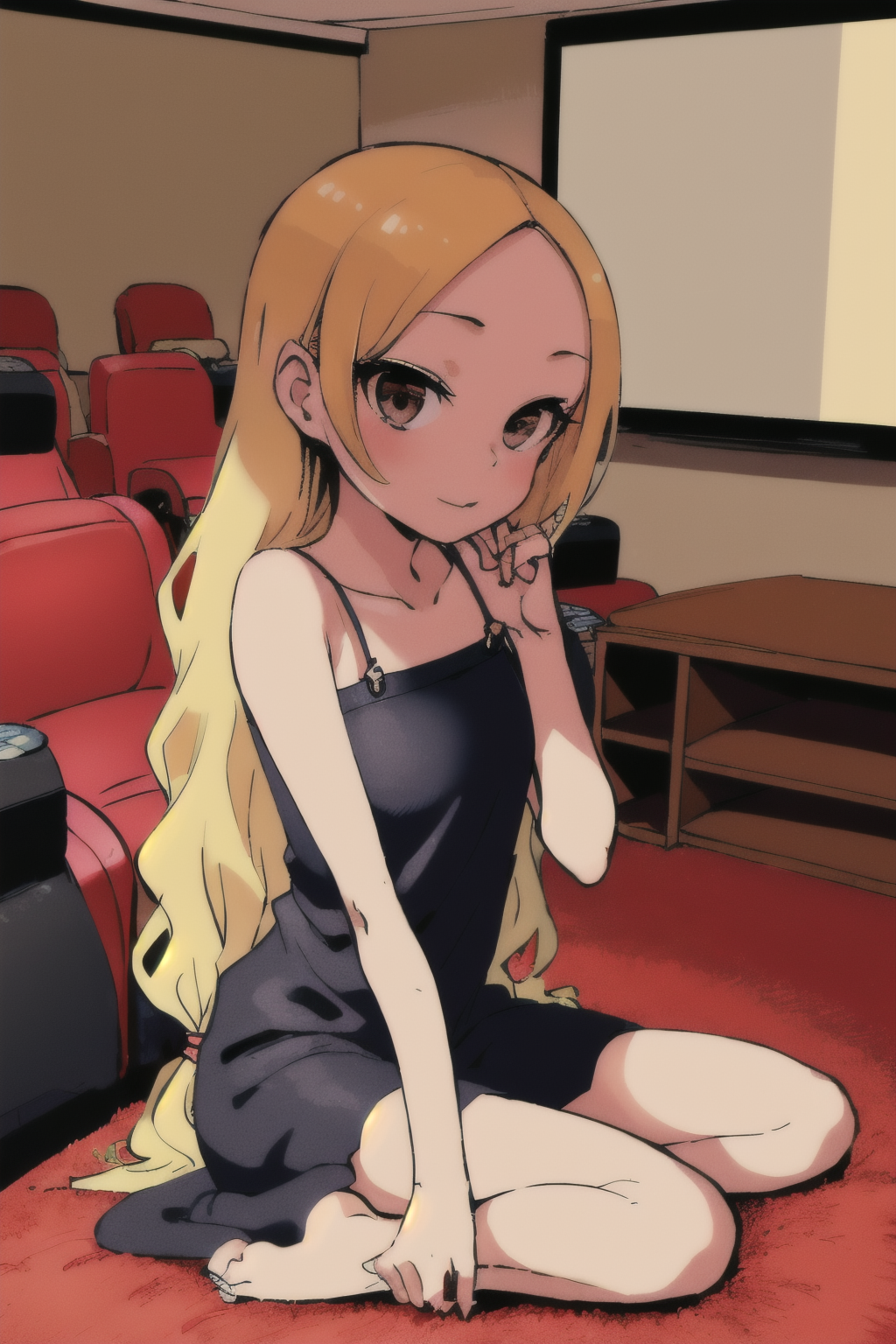 Azerbaijani 60 years old woman Blonde Side Braid, in the Home theater, Sitting with legs crossed and one hand on knee, Strappy dress with heels, EdobSouichirouYamamotoArtStyle  <lora:EdobSouichirouYamamotoArtStyle_v1.0:0.8>