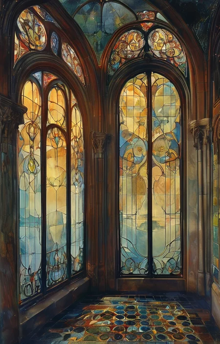 masterpiece,best quality,<lora:tbh309-sdxl:0.9>,illustration,designed by Victor Horta, Gothic revival cathedral with intricate spires and stained glass windows, bathed in moonlight
