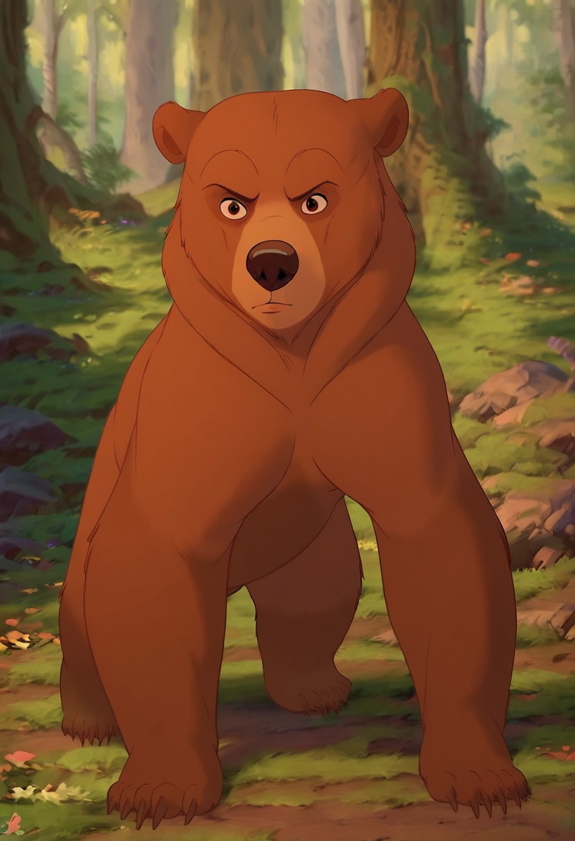 score_9, score_8_up, score_7_up, score_6_up, outdoors,
Front view, full shot, (((forest))), kenai, bear, cartoon, Disney, on fours, dark brown nose, thin eyebrows, brown eyes, light brown fur, 2D, male,
