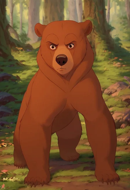 score_9, score_8_up, score_7_up, score_6_up, outdoors,
Front view, full shot, (((forest))), kenai, bear, cartoon, Disney, on fours, dark brown nose, thin eyebrows, brown eyes, light brown fur, 2D, male,