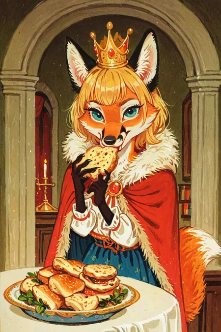 anthro fox girl,blonde hair,princess,(solo:1.5),indoors,crown,
Trepenok,cape,portrait, Eating lunch,looking at viewer,
<lora:Trepenok:0.8>
<lora:age_slider_v4:-3> <lora:Perfect Hands:1>, score_9, score_8_up, score_7_up, score_6_up, score_5_up, score_4_up,zPDXL