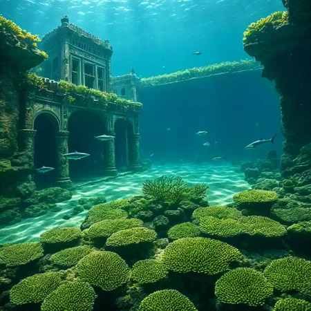 **amazing digital artwork** depicting an underwater fantasy landscape where sharks is chasing fish swarm crowded underwater castle life Coral's under plants with long leaves entrance to secret garden, tiny fishes  shadow of warrior. The scene unfolds in a dreamlike realm, where the **ruins of ancient civilization** emerge from the depths. This ancient underwater civilization is captured in stunning detail, with **coral-covered columns** and **stone arches** that hint at its former glory. The artwork should convey a sense of mystery and timelessness, inviting the viewer to explore the **sunken secrets** of this once-majestic city."
This picture is designed to inspire the creation of a captivating and immersive underwater scene, rich with the lore of Atlantis. dark, chiaroscuro, low-key, catastrophe, ruined, collapsed, flooded