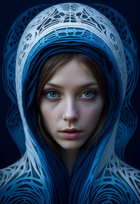 mysterious face, an exotic girl in artsy clothing, fading backlit background, (deep sea fading white to deep blue layered papercut background), alluring goddess, by Minjae Lee, Carne Griffiths, Emily Kell, Steve McCurry, Geoffroy Thoorens, Aaron Horkey, Jordan Grimmer, Greg Rutkowski, amazing depth, double exposure, surreal, geometric patterns, intricately detailed, bokeh, perfect balanced, deep fine borders, artistic photorealism , smooth, great masterwork by Suiras <lora:add-detail-xl:2> <lora:Double_Exposure:0.5>