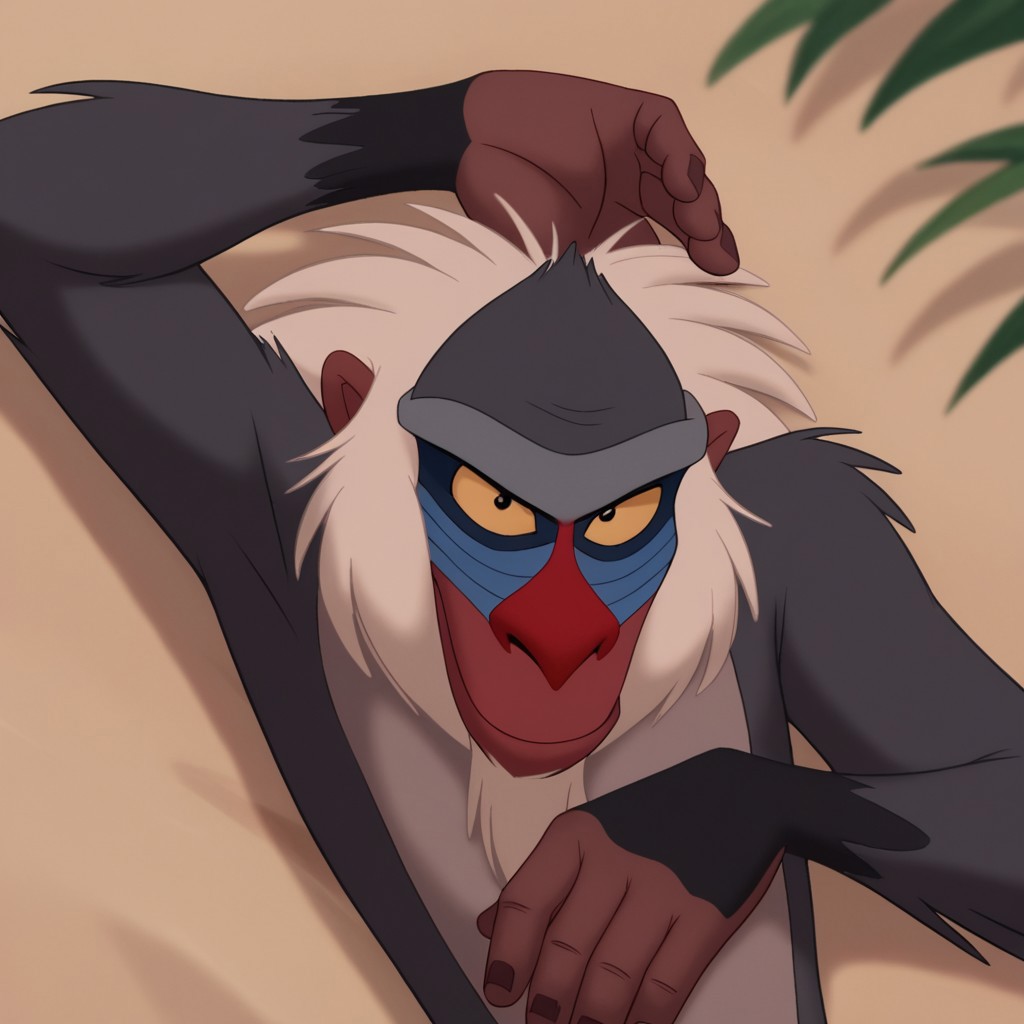 score_9, score_8_up, score_7_up, score_6_up, score_5_up, score_4_up, source_furry, rafikiLK, semi-anthro, male, primate, monkey, grey fur, white hair, black eyes, yellow sclera, lying, on beach
