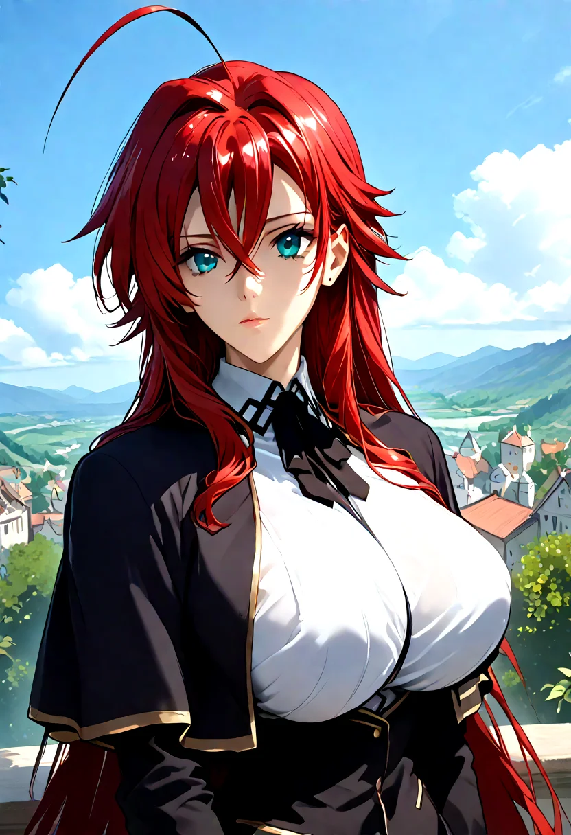 rias gremory, blue eyes, long hair, red hair, hair between eyes, ahoge, huge breasts