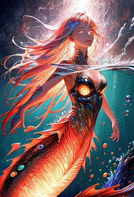 (score_9, score_8_up), score_7_up, zPDXL, solo, <lora:MythAnim3Style:0.8>, MythAn1m3,  source_anime, 1girl, mermaid, dark mysterious backgroud, Iridescent eyes, aquatic scene, dreamlike atmosphere, mystical, ethereal light, detailed textures, whimsical, rippling, dripping, water element, very long cascading hair, water, very beautiful, sexy, sexy body, beautiful body, scales, wet body, Iridescent scales, bubbles, water drops, Iridescent skin, multi colored eyes, partially underwater shot, watce, bioluminescent skin, bioluminescent, glowing, bioluminescent scales, bioluminescent hair,  FastNegativeV2, laser light clothes, submerged breast, water line on lense, view from under water, light hair