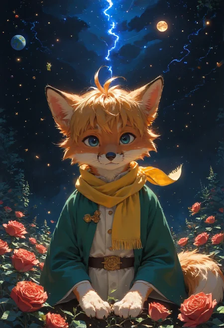 detailed background,Cinematic Lighting,film grain,score_9,score_8_up,score_7_up,zPDXL2,masterpiece,best quality,highly detailed,glowing,hand person,Expressiveh, <lora:(增强)sdxl_lightning_8step_lora:1>,<lora:glowneon_xl_v1:1>, <lora:(增强)Hands XL 4:1>,<lora:(增强)Expressive_H-000001:0.8>, <lora:Vixon\Vixon's Pony Styles Astro:0.8> , little prince, a rose, a fox, night sky, universe, yellow scarf, yellow hair, green clothes, 4str0,star \(sky\), earth \(planet\), planet,Le Petit Prince,1child