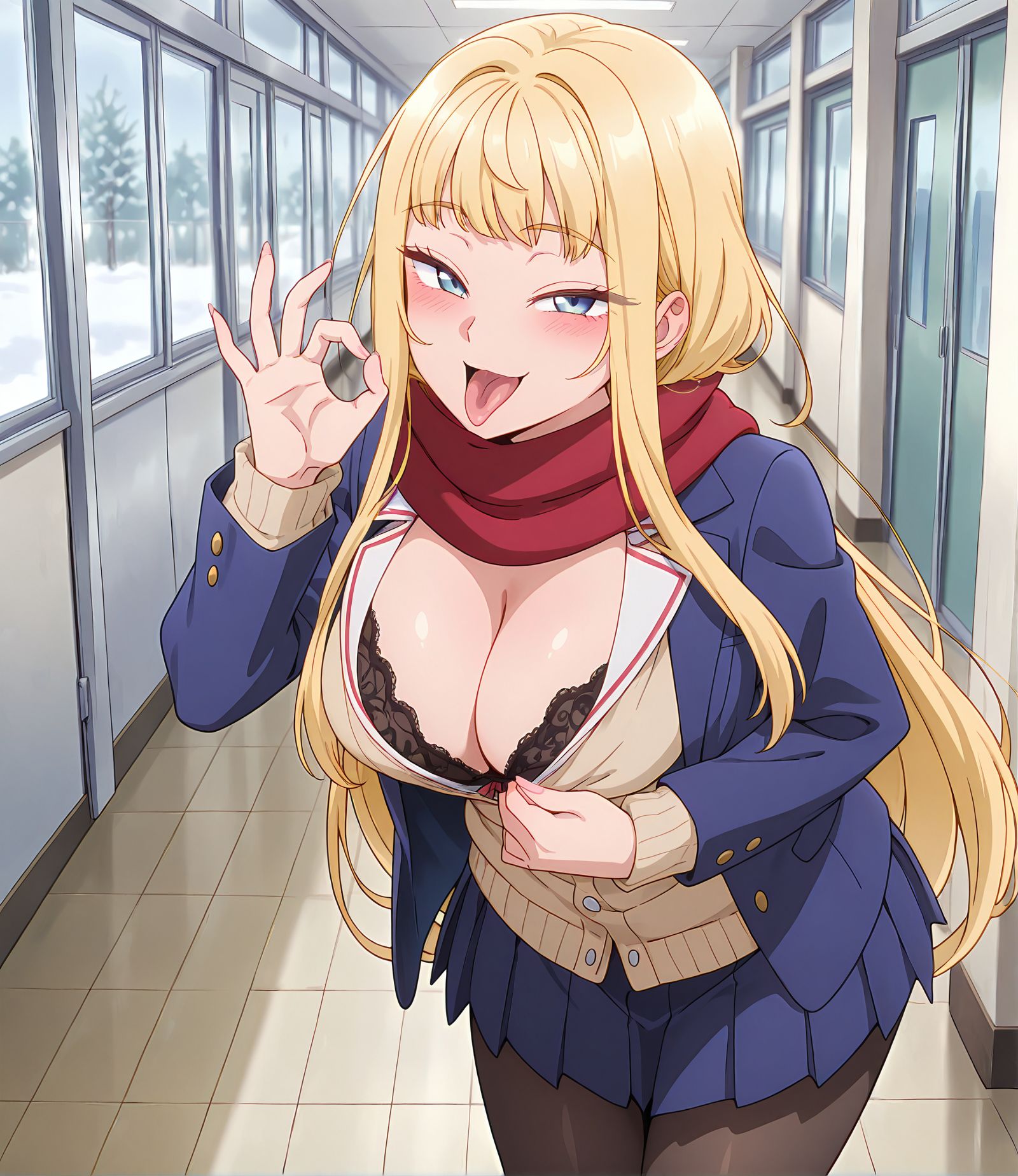 masterpiece,best quality,anime coloring,anime screenshot,
<lra:bra_peek:1>bra_peekV1,
1girl,breasts,cleavage,pantyhose,
solo,skirt,standing,  black lace bra, fellatio gesture, 
bra peek, naughty face,  shirt pull,  large breasts, 
school, 
<lora:minami_fuyuki:0.8>minami, blonde hair, long hair, scarf, blue eyes, school uniform, red scarf,  jacket, cleavage, very long hair, breasts,blush, blazer, cardigan, ribbon ,long sleeves, medium breasts, bangs, sidelocks,