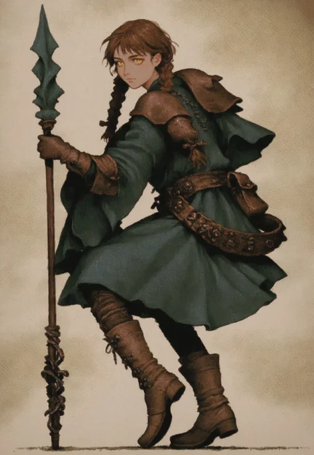 score_9, score_8_up, score_7_up, score_6_up, masterpiece, best quality, very aesthetic, 1girl, solo, from side, brown hair, braids, yellow eyes, blue brigandine, belt, leather gloves, padded leggings, boots, polearm, scabbard BREAK medieval courtyard background, dynamic color, relaxed, contrapposto, dynamic background, warm tone, vermis style