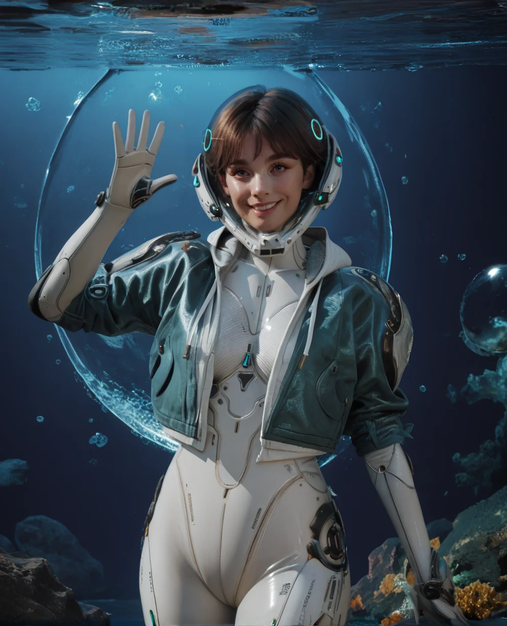 score_9,score_8_up,score_7_up,score_6_up,
Valbyxl,teal cropped jacket,white bodysuit,short hair,brown hair,helmet,smile,science fiction,
smile,looking at viewer,waving,
water background,
<lora:Valbyxl>,