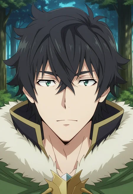 masterpiece, best quality, , anime screencap, anime coloring, official style, looking at viewer, 1boy, solo, male focus, <lora:naofumi_iwatani_ilxl:0.9>, naofumi_iwatani, black hair, green eyes, short hair, hair between eyes, bangs, green cape, fur trim, forest sanctuary, tree temples, leaf paths, wooden shrines, peaceful pose, serene expression, filtered light, vampire costume